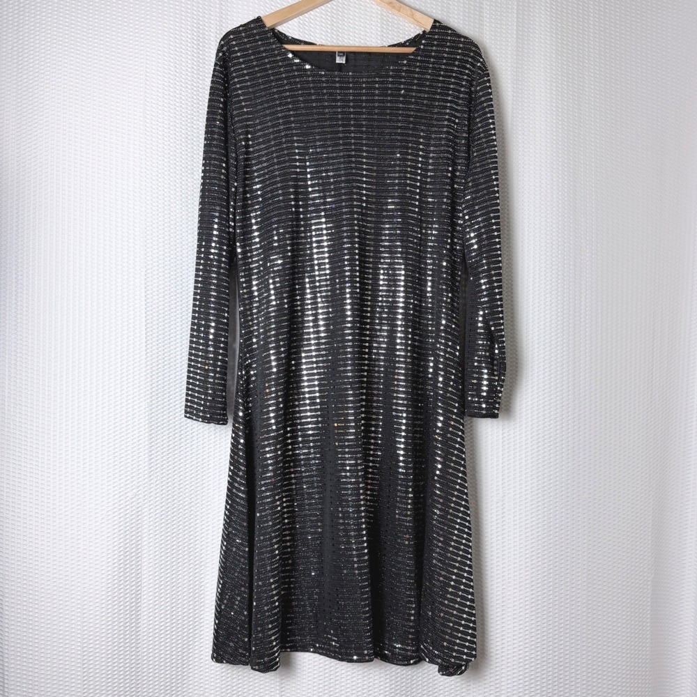 Women Sequin Cocktail Dress 1X Black Silver Sparkly Long Sleeve Shimmer Party